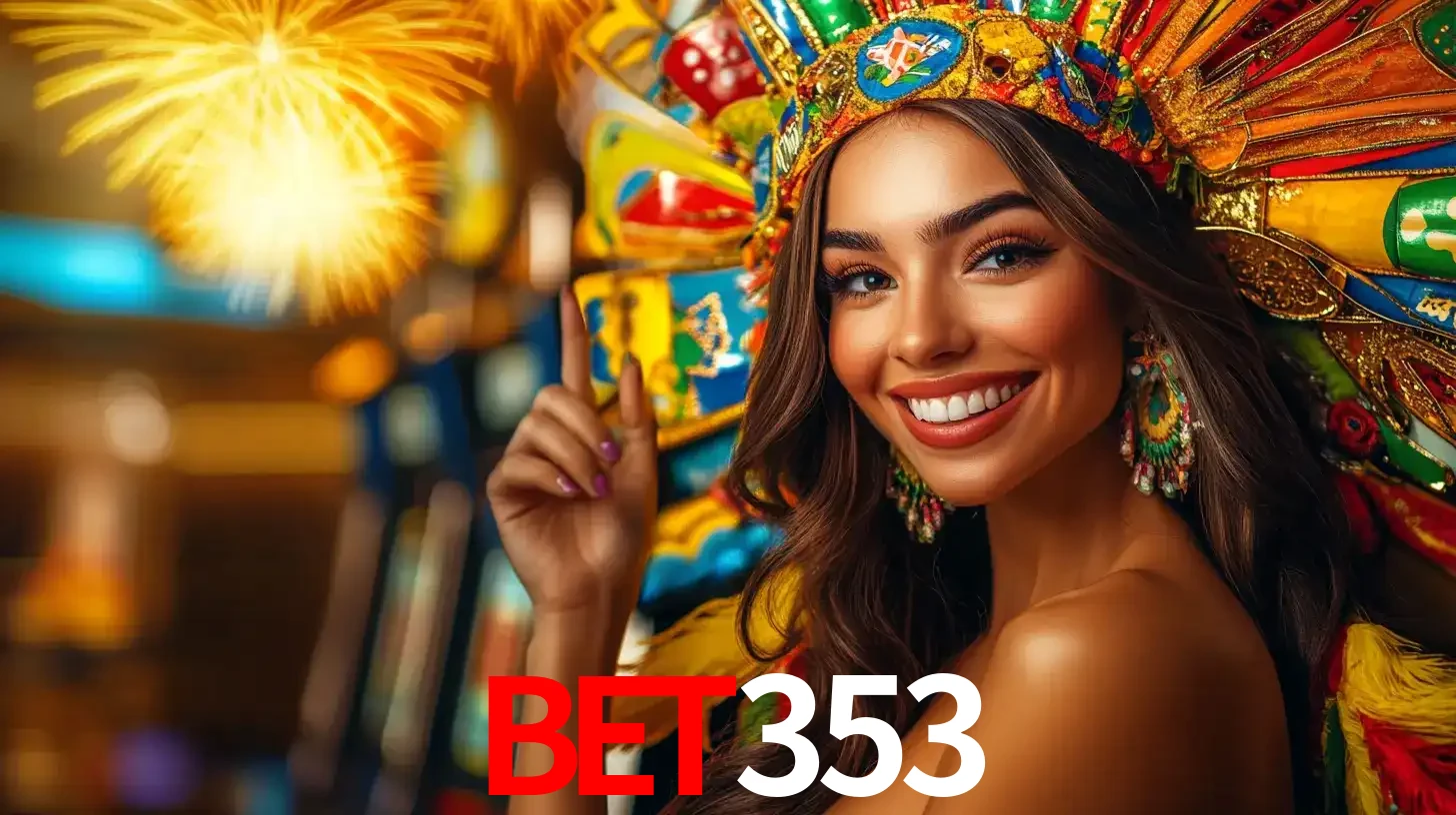Mulher sorridente com um cocar de carnaval vibrante e colorido, celebrando uma grande vitória nos jogos do cassino bet353 com fogos de artifício ao fundo.