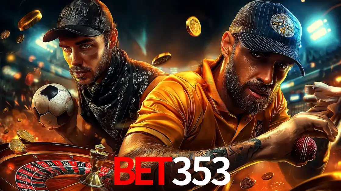 Montagem de apostas esportivas e cassino no bet353, com um homem segurando uma bola de futebol e outro uma de beisebol sobre uma roleta e moedas voadoras.