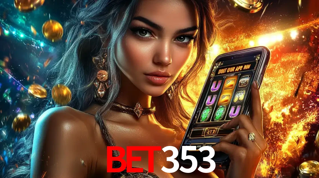 Mulher elegante mostrando um jogo de caça-níqueis em seu smartphone, destacando a experiência de cassino móvel oferecida pelo aplicativo bet353.